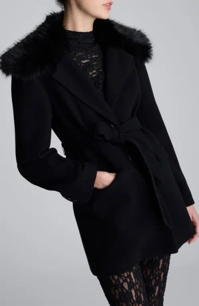 Kenneth Cole Belted Jacket With Faux Fur Collar In Black
