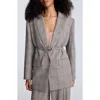 Kenneth Cole Belted Plaid One-button Blazer In Gray