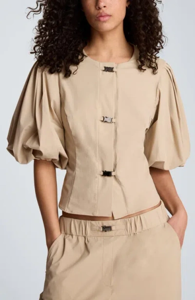 Kenneth Cole Buckle Front Bubble Sleeve Top In Brown