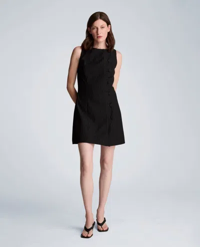Kenneth Cole Button Front Boat Neck Sheath Short Cotton Cloque Dress In Black