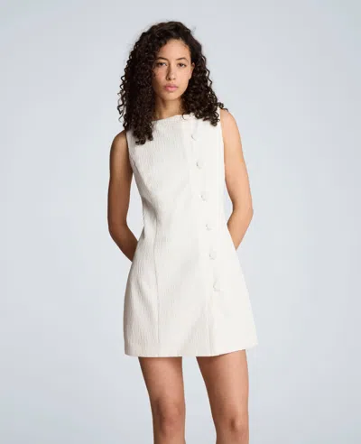 Kenneth Cole Button Front Boat Neck Sheath Short Cotton Cloque Dress In White