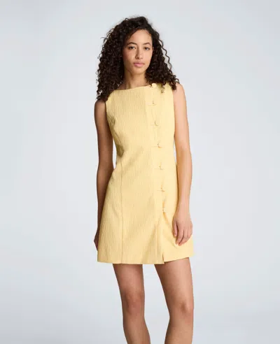 Kenneth Cole Button Front Boat Neck Sheath Short Cotton Cloque Dress In Yellow