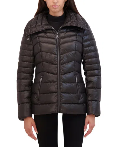 Kenneth Cole Chevron Quilted Cire Puffer Coat In Black