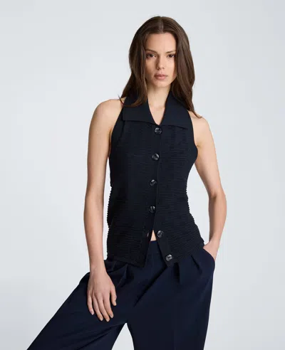 Kenneth Cole Collared Halter Sweater With Button Front In Blue