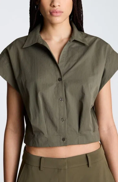 Kenneth Cole Cotton Blend Crop Button-up Shirt In Green