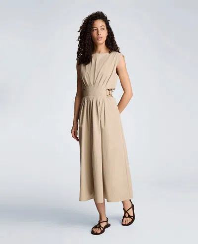 Kenneth Cole Cotton Poplin Sleeveless D-rings Tie Midi Dress In Neutral