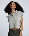 Kenneth Cole Cotton Poplin Stripe Sleeveless Crop Button Front Top In Green