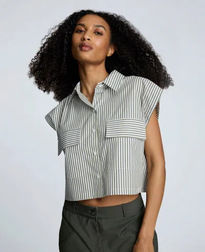 Kenneth Cole Cotton Poplin Stripe Sleeveless Crop Button Front Top In Green