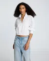 Kenneth Cole Cotton Poplin Y-neck Button Front Cropped Top In White
