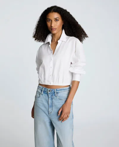 Kenneth Cole Cotton Poplin Y-neck Button Front Cropped Top In White