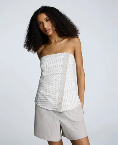 Kenneth Cole Cotton Stripe Strapless Rouched Fitted Bustier Top In Gray