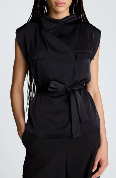 Kenneth Cole High Cowl Neck Belted Blouse With Chest Pockets In Black