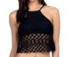Kenneth Cole Crochet High Neck Cropped Bikini Top In Solid Black In Black