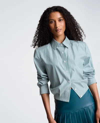 Kenneth Cole Cropped Button Down Shirt With Shoulder Pads In Blue
