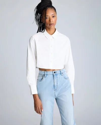 Kenneth Cole Cropped Button Front Shirt With Long Sleeves In Pure White