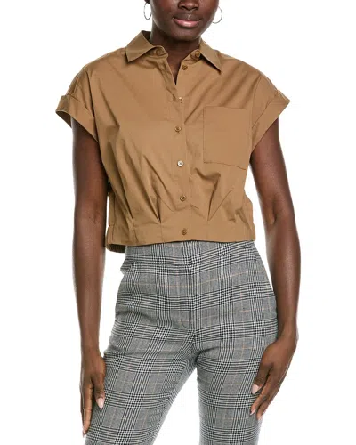 Kenneth Cole Poplin Cropped Short Sleeve Shirt In Brown