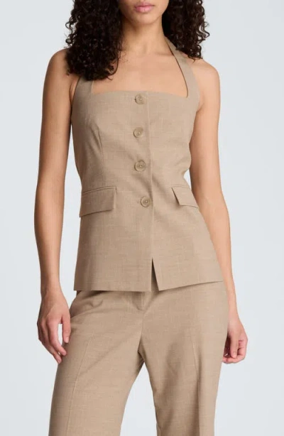 Kenneth Cole Crosshatch Weave Four Button Halter Vest With Flap Pockets In Brown