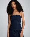 Kenneth Cole Denim Bustier Top With Smocking In Blue
