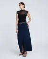 Kenneth Cole Denim Fly Front 4-pocket Maxi Skirt With Fray Hem In Blue
