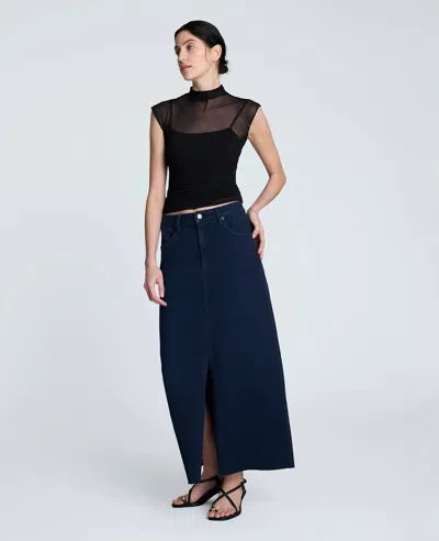 Kenneth Cole Denim Fly Front 4-pocket Maxi Skirt With Fray Hem In Blue
