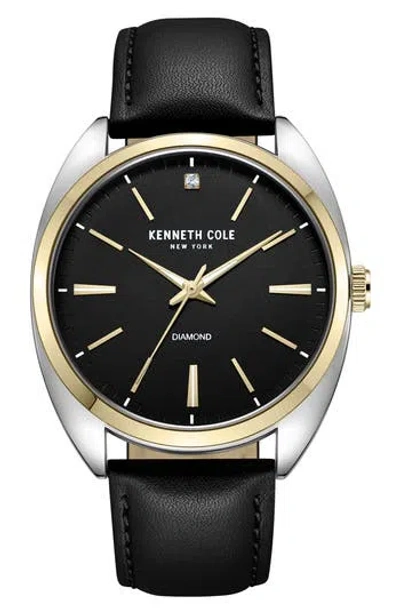 Kenneth Cole Diamond Leather Strap Watch, 44mm In Black
