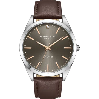 Kenneth Cole Diamond Leather Strap Watch, 44mm In Brown