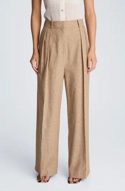 Kenneth Cole Double Pleat Wide Leg Linen Blend Pants In Brown
