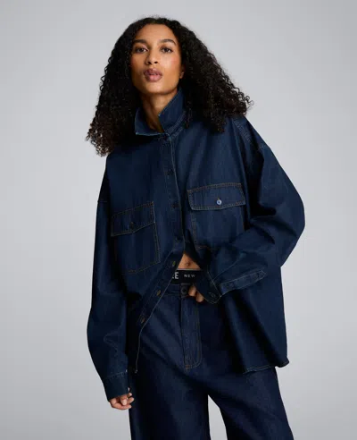 Kenneth Cole Drapey Denim Button Up Oversized Shirt In Blue