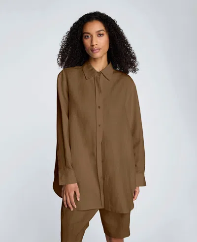 Kenneth Cole Drop Shoulder Button Front Boyfriend Shirt In Brown