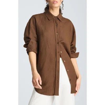 Kenneth Cole Drop Shoulder Relaxed Fit Linen Blend Button-up Shirt In Brown