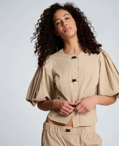 Kenneth Cole Elbow Balloon Sleeve Top With Buckle Trim In Brown