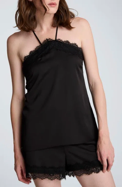 Kenneth Cole Eyelash Lace Trim Satin Top In Black