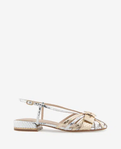 Kenneth Cole Farrah Metallic Combo Snake Caged In Buckle Sandal In Silver,gold Metallic