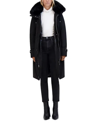 Kenneth Cole Faux Fur Collar Hooded Puffer Coat In Black