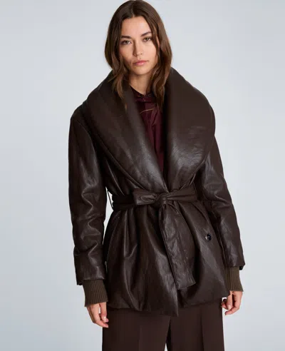 Kenneth Cole Faux Leather Belted Robe Coat In Brown