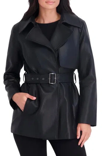 Kenneth Cole Faux Leather Belted Trench Coat In Multi