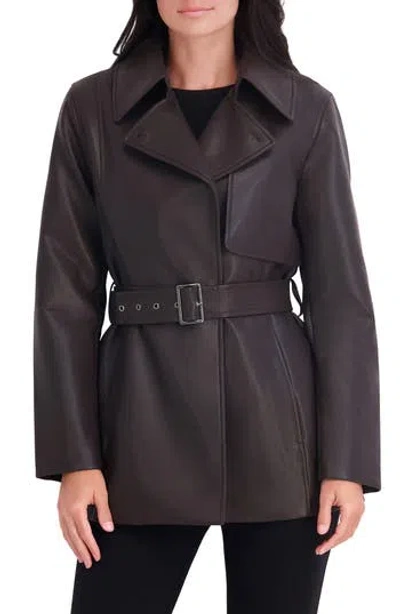 Kenneth Cole Faux Leather Belted Trench Coat In Brown