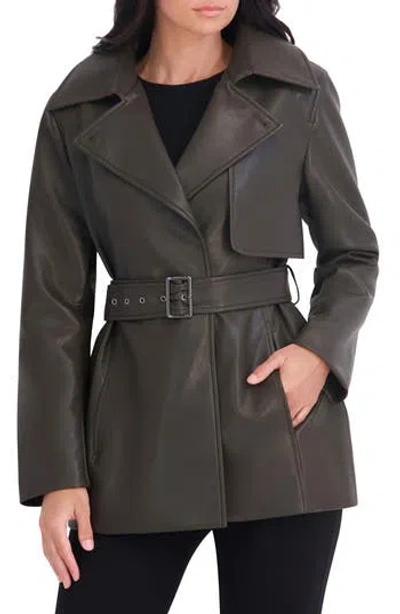 Kenneth Cole Faux Leather Belted Trench Coat In Gray