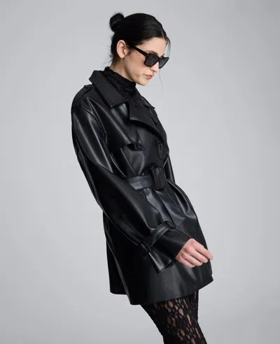 Kenneth Cole Faux Leather Double Breasted Trench In Black