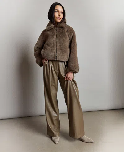 Kenneth Cole Faux Leather High Rise Wide Leg Trouser Pant In Wheatgrass