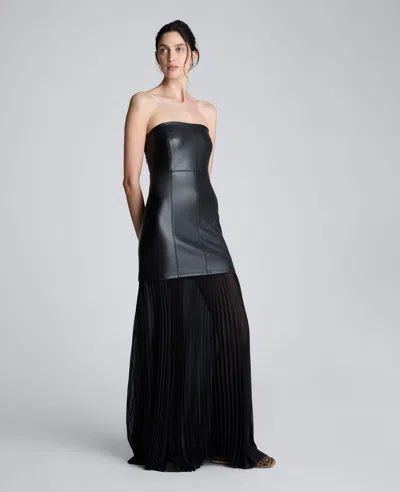 Kenneth Cole Faux Leather Mixed Media Pleated Maxi Dress In Black
