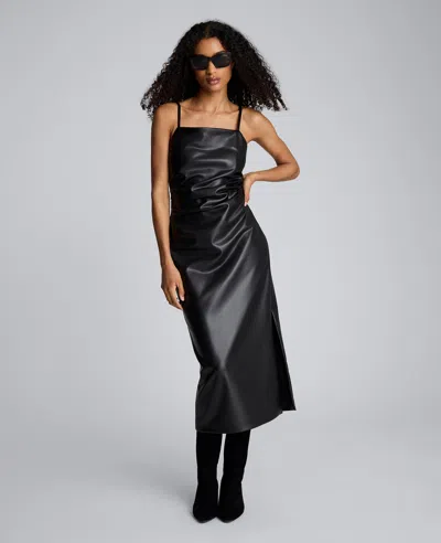 KENNETH COLE Faux Leather Pleated Waist Midi Dress