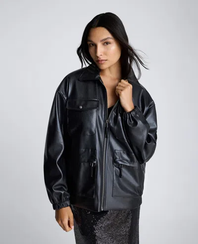 Kenneth Cole Faux Leather Shirt Collar Bomber Jacket In Multicolor