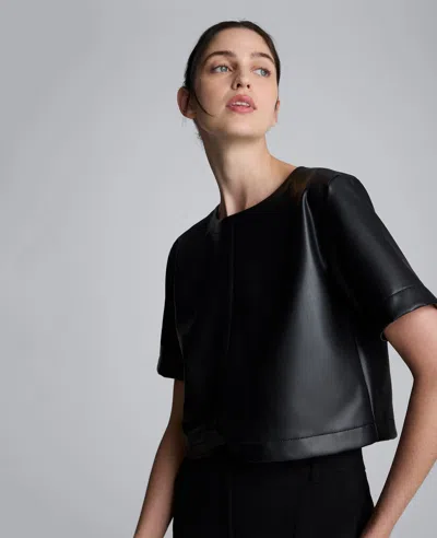 Kenneth Cole Faux Leather Short Sleeve Cropped Tee In Black