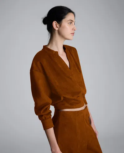 Kenneth Cole Faux Suede Shoulder Pleated Long Sleeve Knit Pullover In Brown