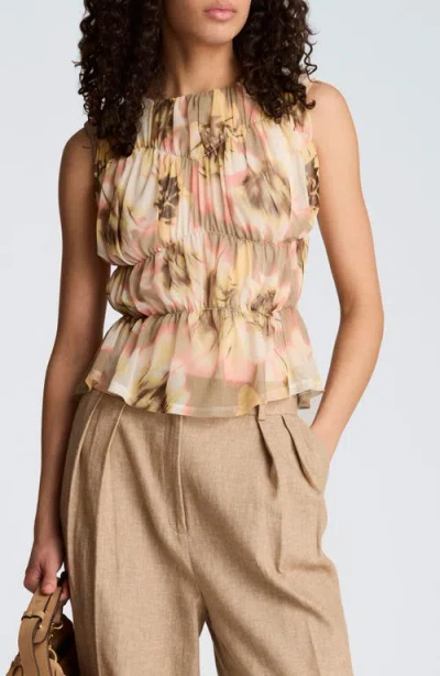 Kenneth Cole Floral Ruched Front Sleeveless Top In Multi