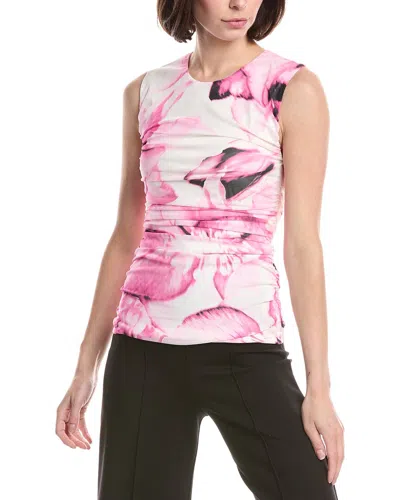 Kenneth Cole Floral Print Ruched Sleeveless Mesh Top In Pink