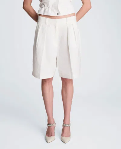 Kenneth Cole Fly Front High Rise Pleated Short Bermuda Refined Linen Short In White