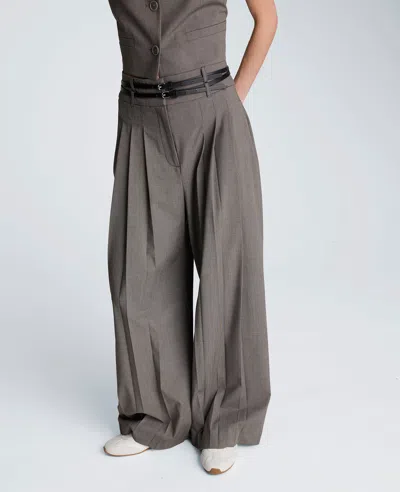 Kenneth Cole Fly Front High Rise Wide Leg Double Belted Pant In Gray