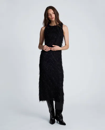 Kenneth Cole Fringed Organza Midi Sheath Dress In Silver